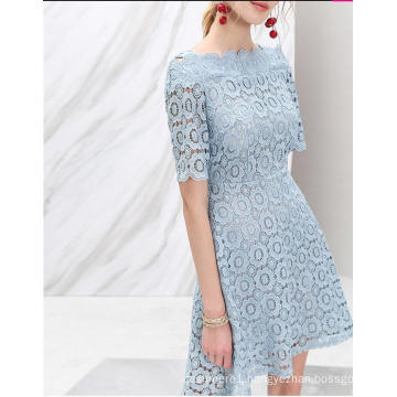 Flower Lace off-Shoulder Light Blue Half Sleeve Women′s Dress